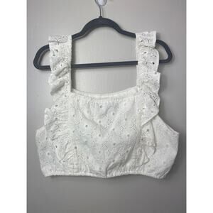 7 FOR ALL MANKIND TOP XL WHITE EYELET LACE CROCHET RUFFLE CROP COTTAGECORE BOHO
